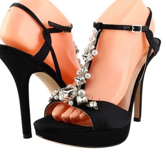 Ivanka Trump Black Alluvia Satin Jeweled Evening Sandals Sz 8 - Picture 2 of 14